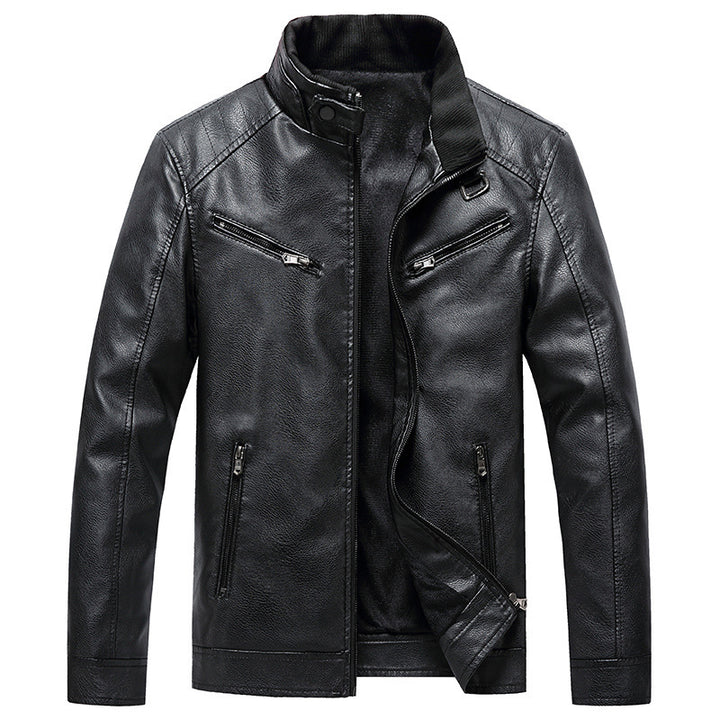 Men's Fleece Padded Coat Casual Korean-style Stand Collar PU Leather Jacket Trendy Youth