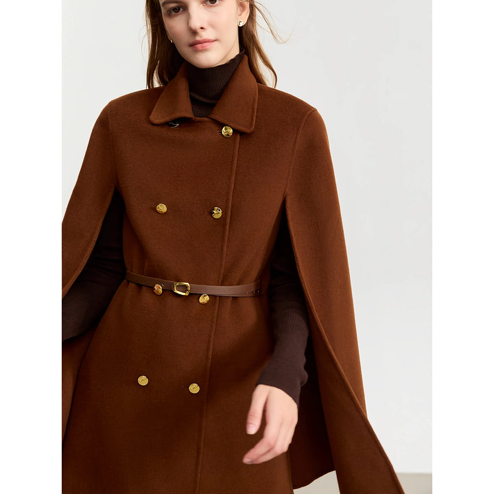 Women's Vintage Wool Cashmere Cape Coat with Leather Belt