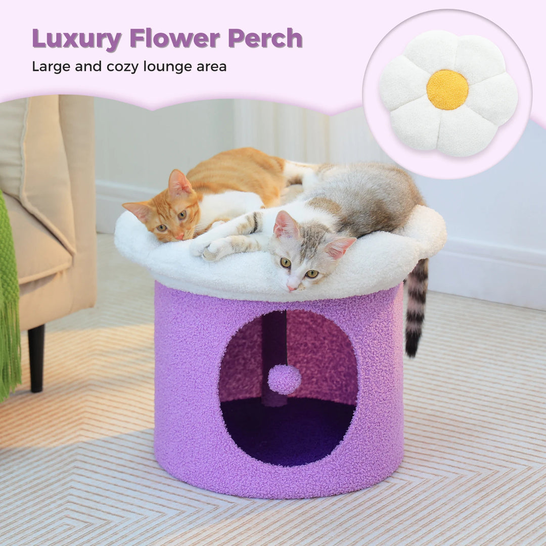 Cozy Flower Cat House with Pompom Ball - Double-Deck Cat Condo