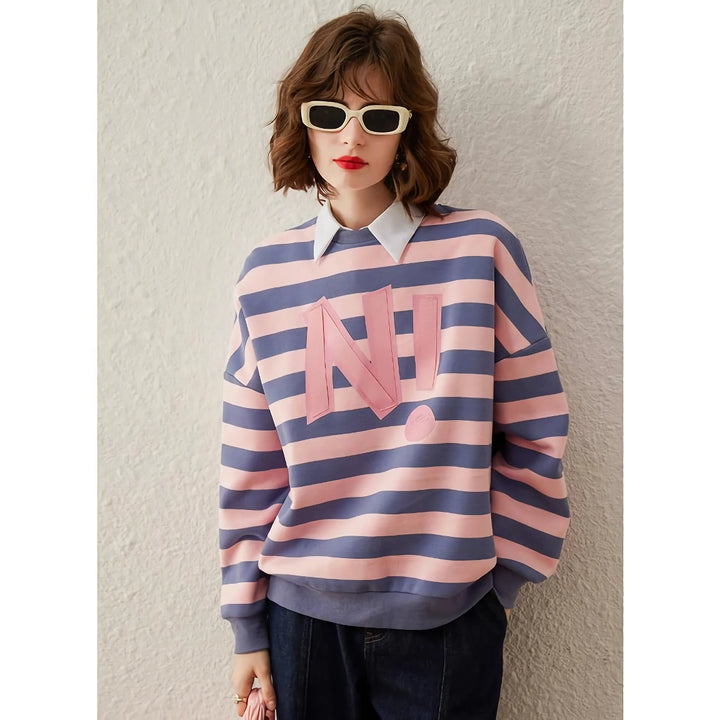 Striped Letter Print Sequin Embroidered Sweatshirt