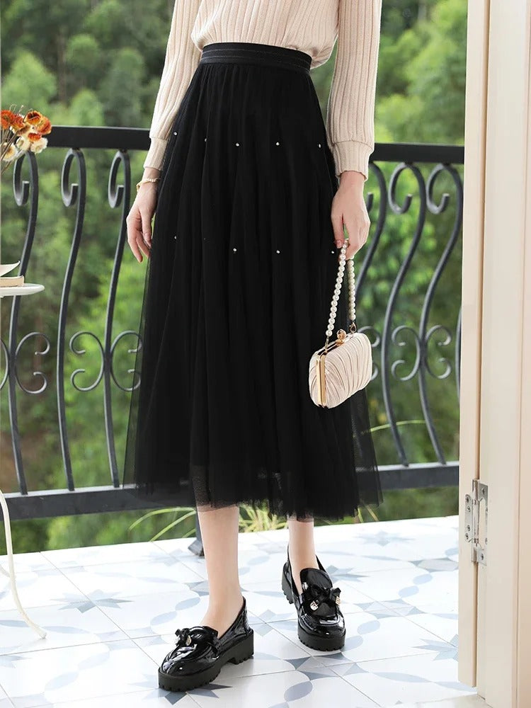 Elegant High-Waist A-Line Mesh Skirt