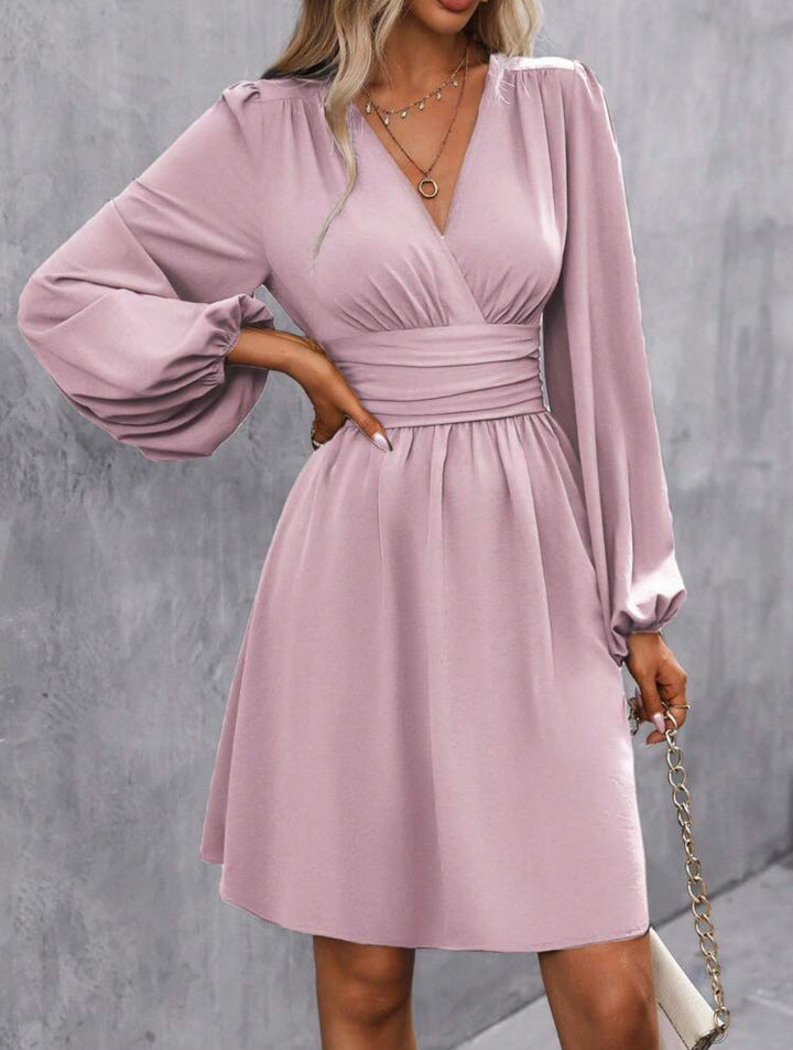 Foreign Trade Amazon Solid Color Chest Wrap V-neck Lantern Sleeve Dress