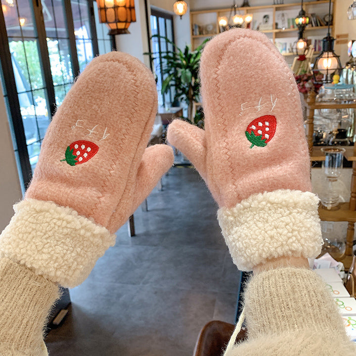 Women's Winter Plus Velvet Thick Warmth Strawberry Pattern Cycling Gloves