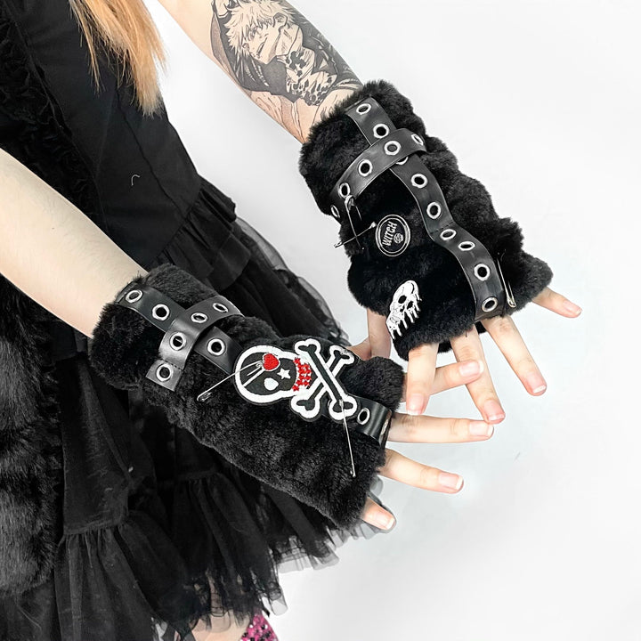 Punk Black Furry Skull Five Finger Sleeve