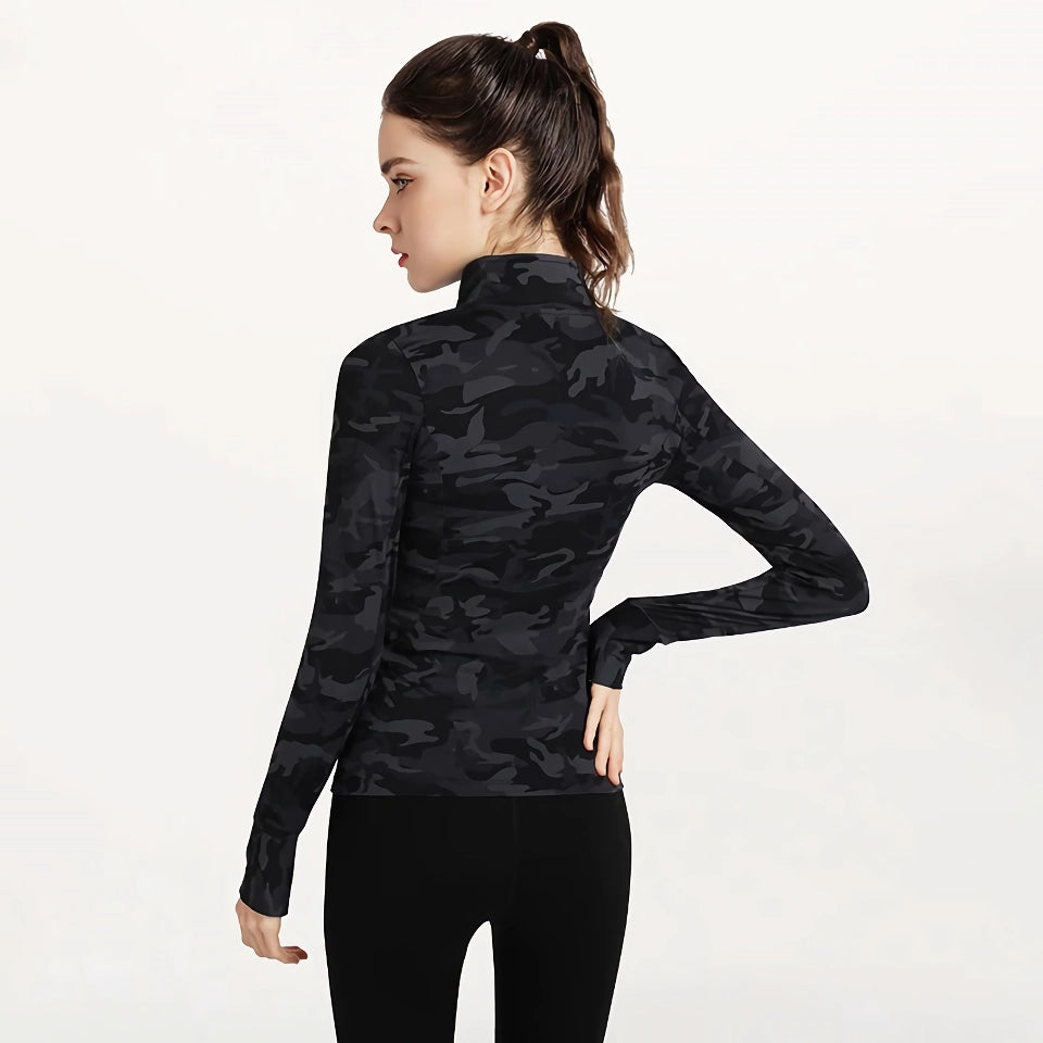 Camouflage Women’s Sports Jacket – Full Zip, Slim Fit, Yoga & Running Workout Top