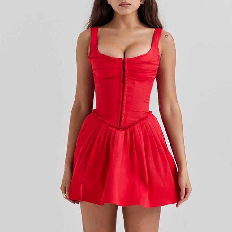 Red Sleeveless Mini Dress with Square Collar and Backless Design