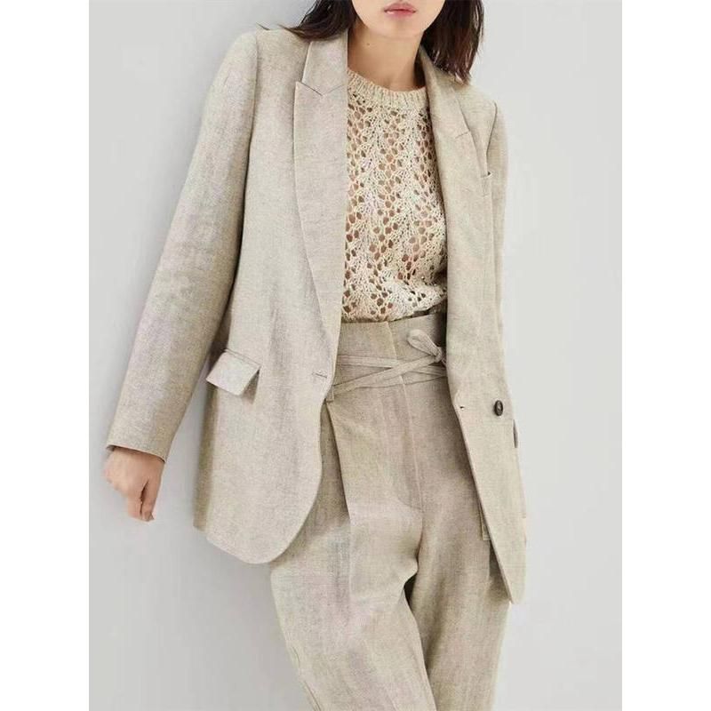 Elegant Cotton Linen Women's Blazer and Pants Set