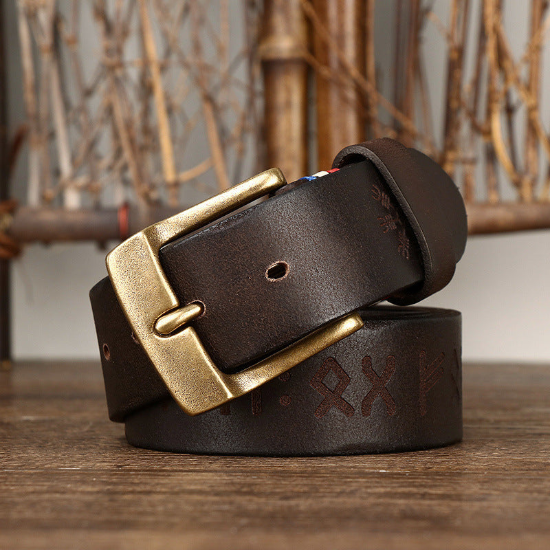 Retro Laser Engraving Men's Cowhide Brass Buckle Belt