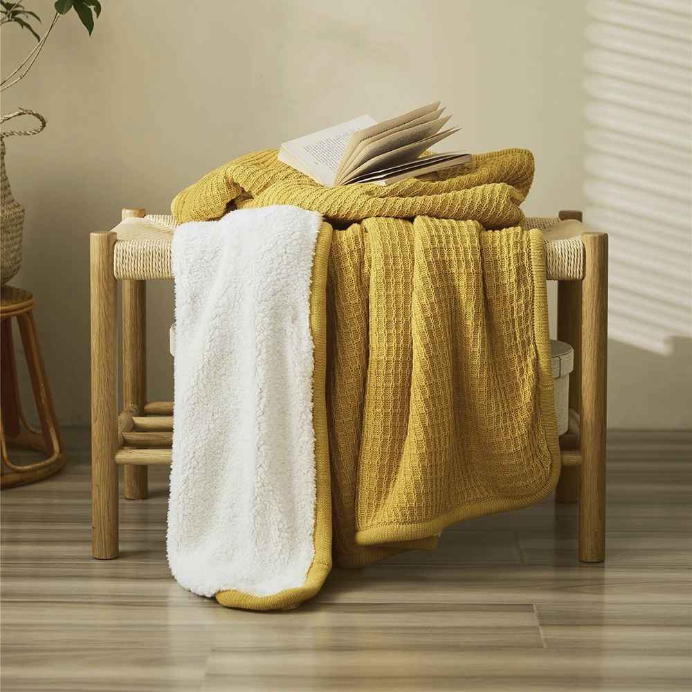 Classic Waffle Plaid Cotton Knitted Throw Blanket