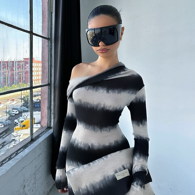 Women's Black And White Striped Asymmetric Shoulder Long Sleeve Dress