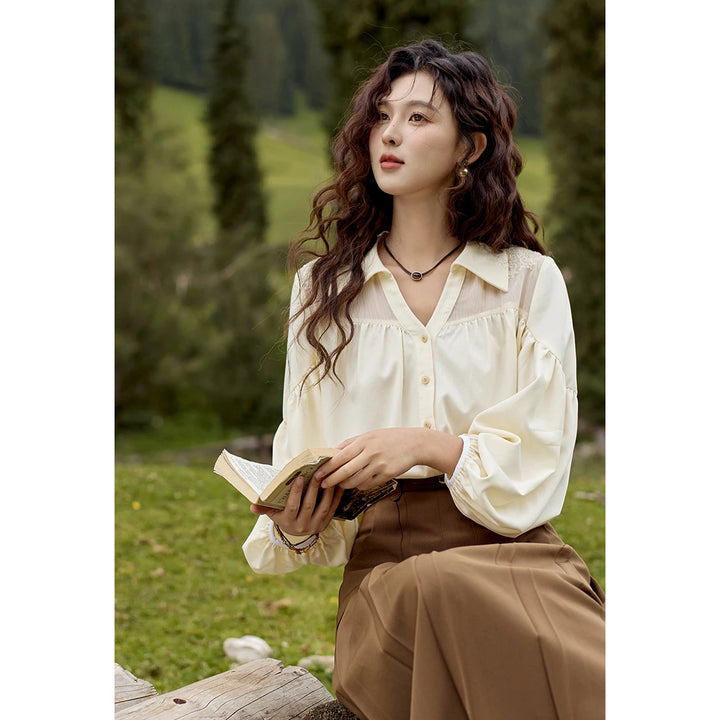 Bubble Sleeve V Neck Chiffon Embroidery Shirt for Women