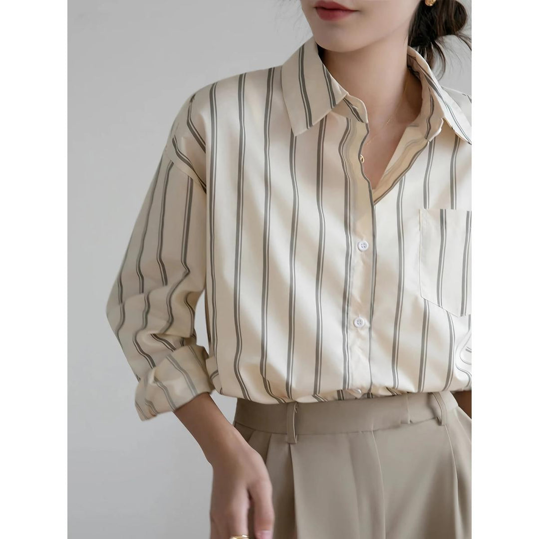 Elegant Striped Office Blouse with Drop Shoulder Design