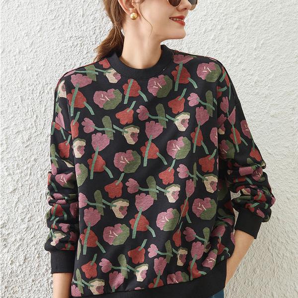 Sweatshirt Retro Floral Print Loose-Fit Pullover - Casual Style