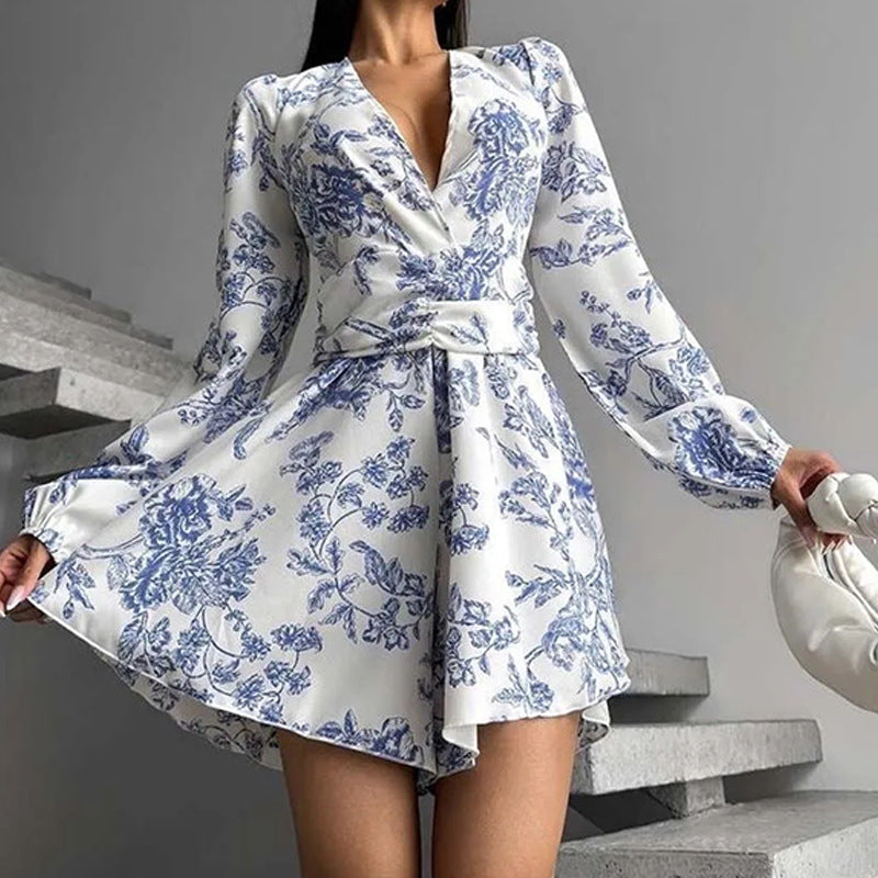 Women's Sexy V-neck Printed Lantern Sleeve Waist-tight Dress