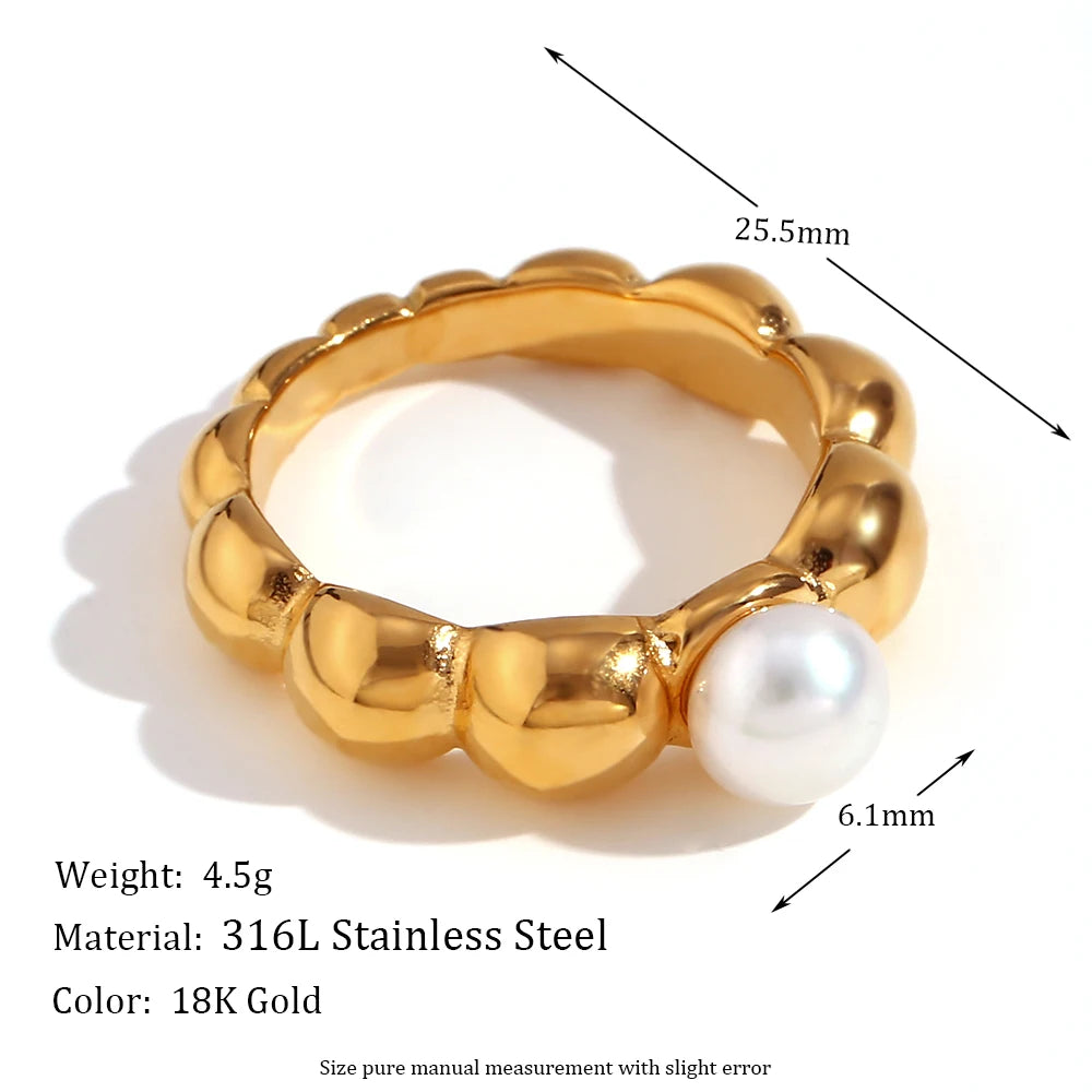 Lace Wave Pearl Ring, 18K Gold Plated, Waterproof Stainless Steel Jewelry