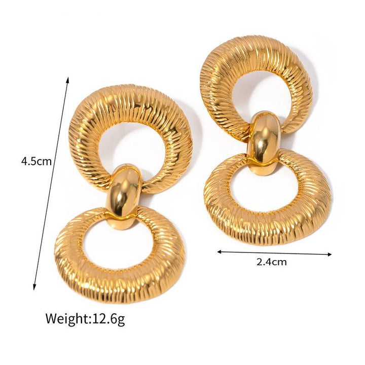 18K Gold Plated Stainless Steel Double Loop Textured Pendant Earrings – Tarnish-Proof, Statement Jewelry for Women