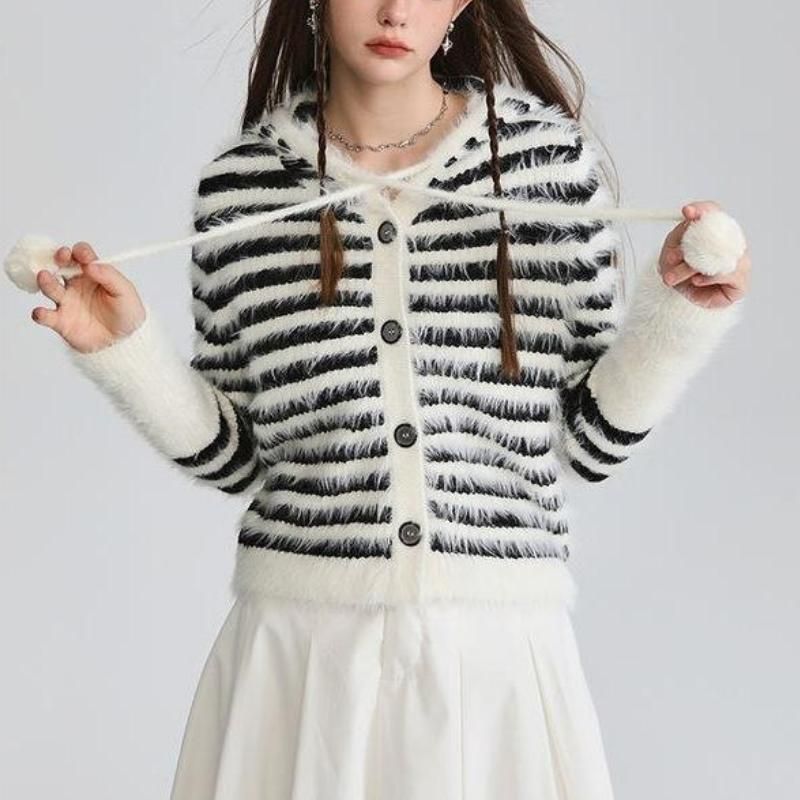 Striped Hooded Mohair Cardigan - Y2K Style Pom-Pom Knit Top