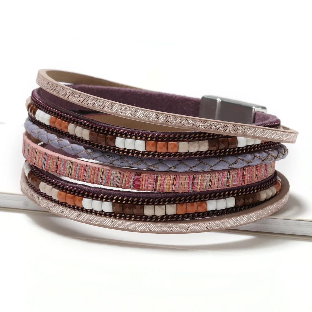 Handwoven Bohemian Leather Bracelet with Magnetic Buckle