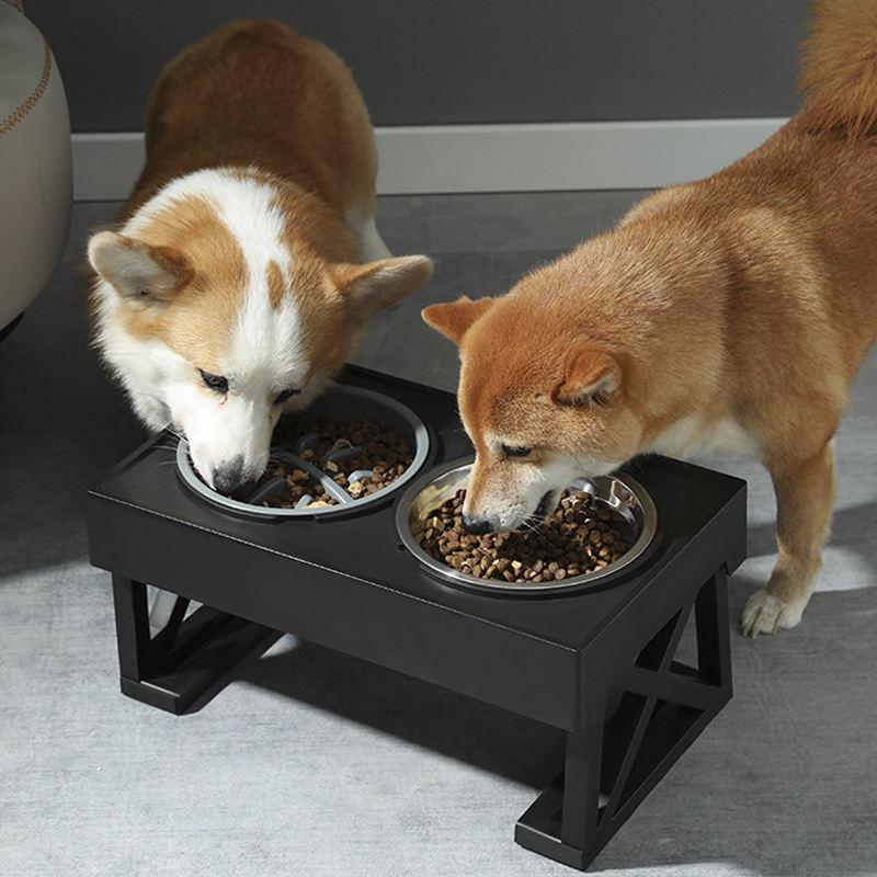 Adjustable Double Elevated Dog Bowls with Slow Feeder and Non-Slip Stand