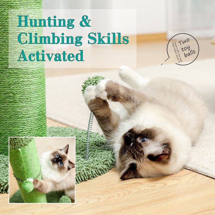 Cactus Cat Tree Scratching Post with Hanging Ball and Sisal Wrapping