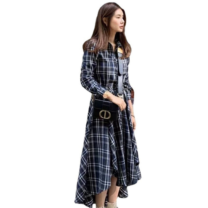 Long Temperament Long Sleeve Plaid Shirt Dress