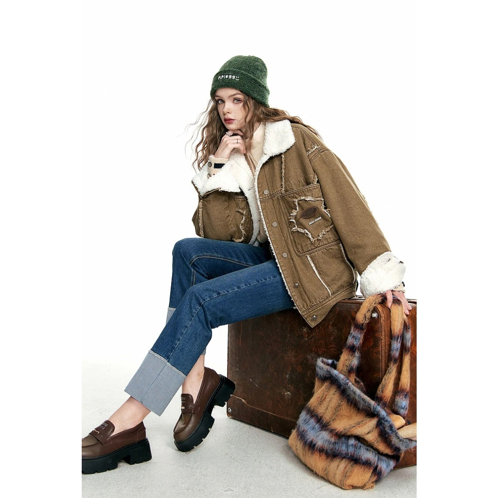 Vintage Warm Brown Denim Jacket for Women