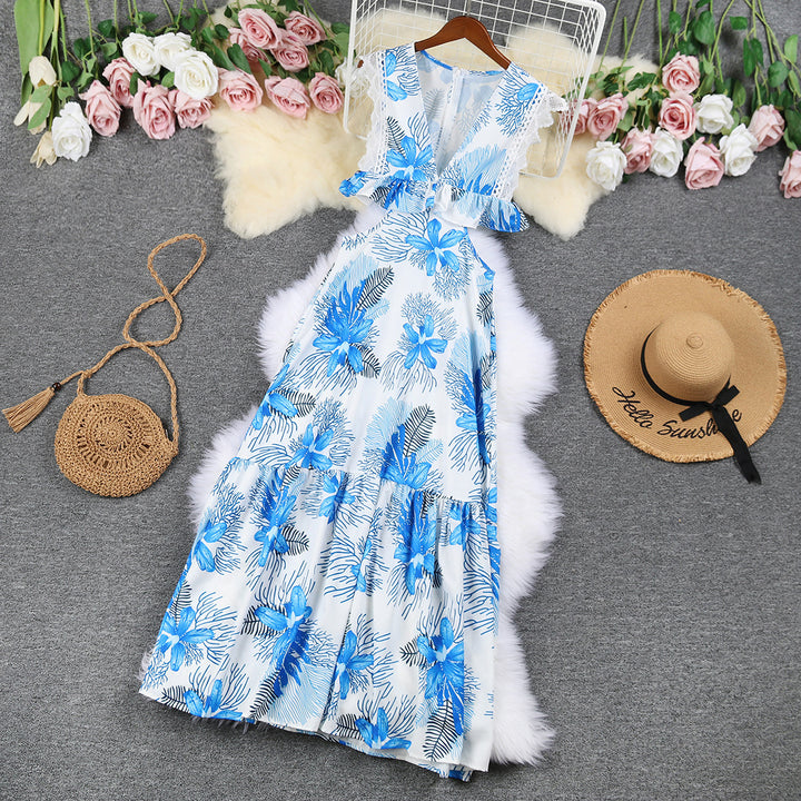 Blue Printed Deep V-neck Backless Hollow-out Midriff Dress