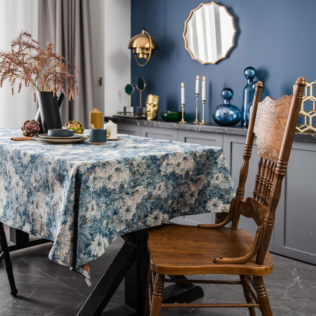 Blue Jacquard Floral Tablecloth - Dustproof Rectangular Cover for Dining and Coffee Tables