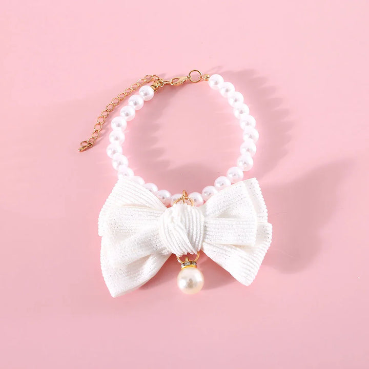 Elegant Pearl Cat & Small Dog Collar with Rhinestone Bow