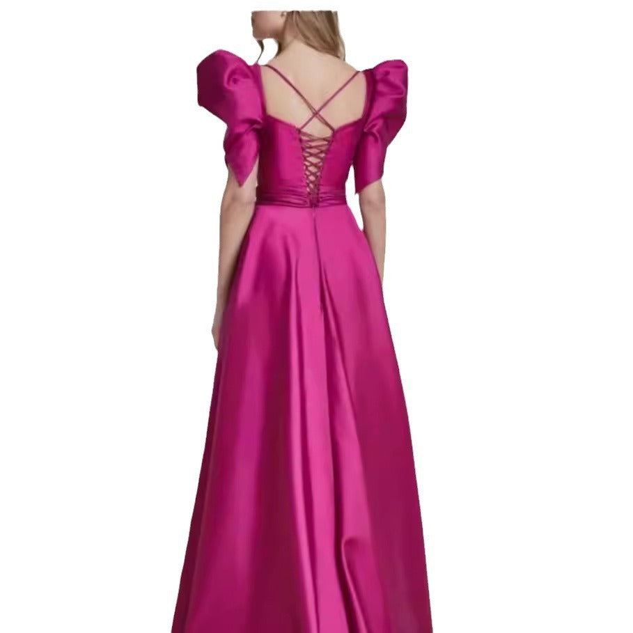 Rose Red Satin Slit Evening Dress