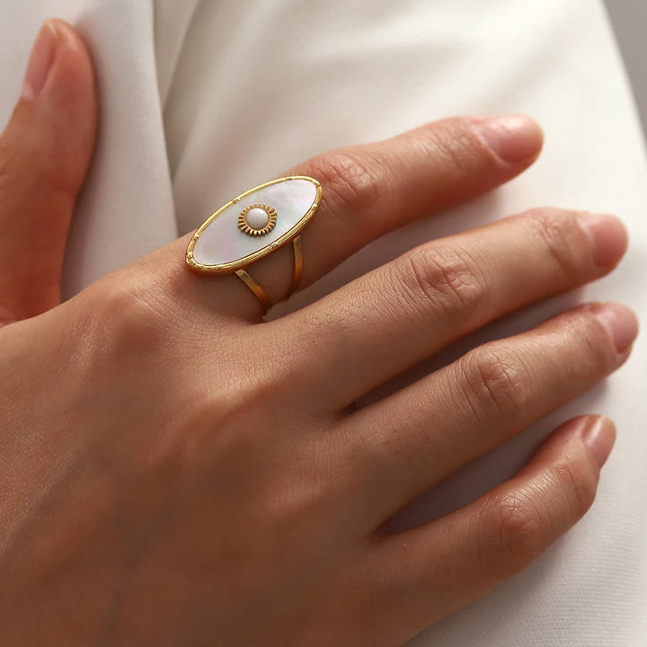 Elegant Gold Plated Oval Shell Pearl Adjustable Ring