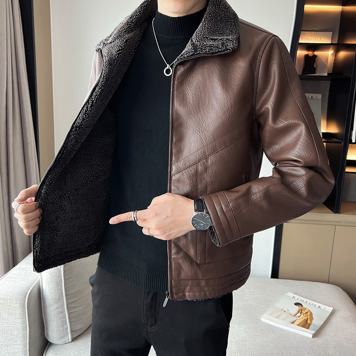 Hong Kong Style Velvet Padded Plus Size Men's Leather Jackets