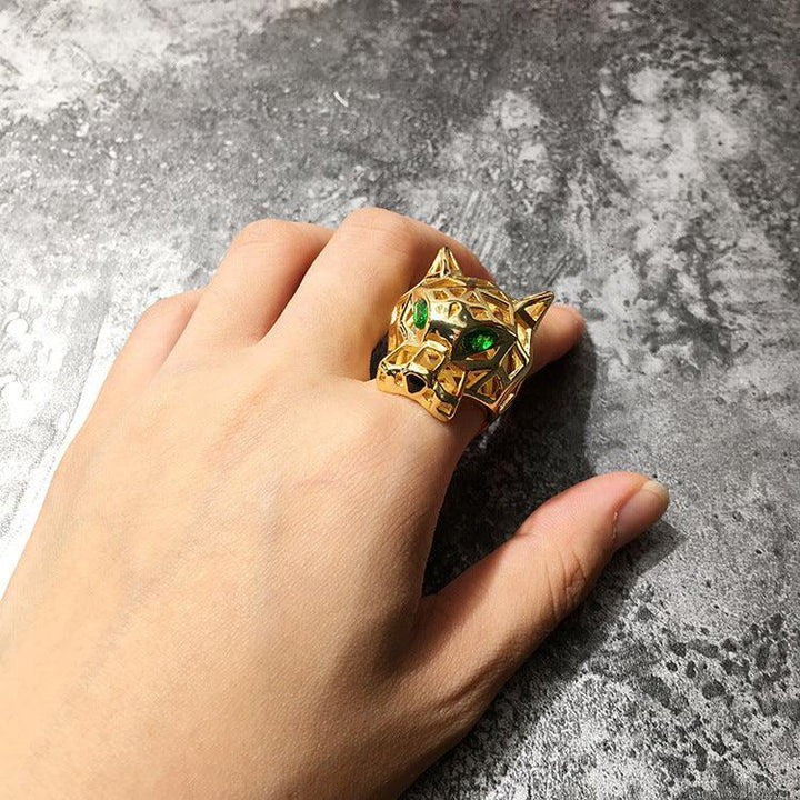 Fashionable Personality Charm Cool Hollow Green Eye Tiger And Leopard Head Ring - Trendha