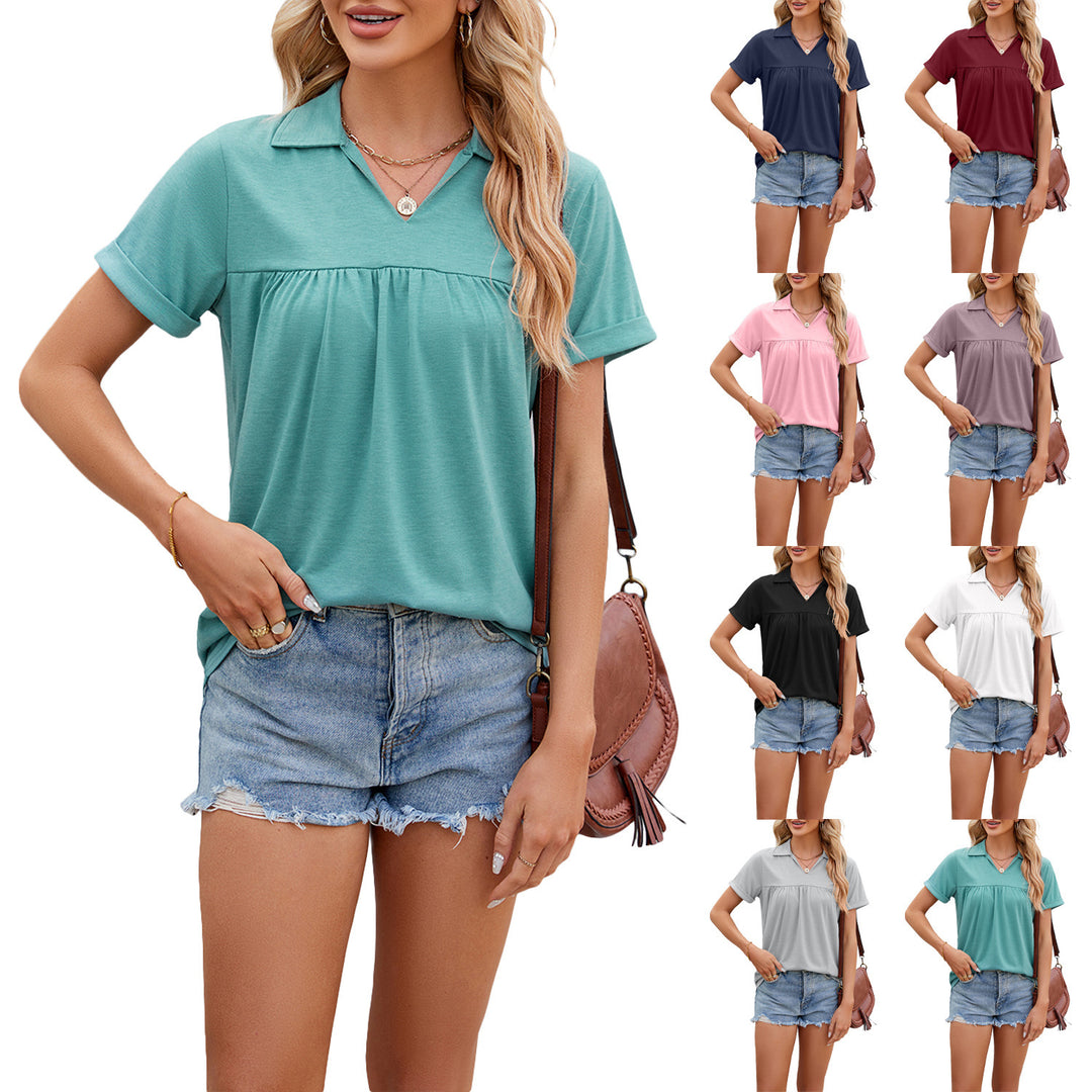 Solid Color V-neck Lapel Short-sleeved T-shirt Summer Loose Top Womens Clothing