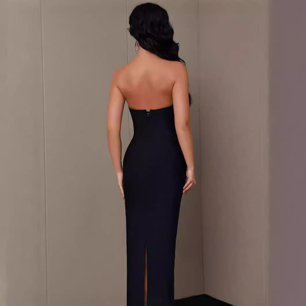 Female Strapless Diamond Studded Crystal Elastic Bandage Dress