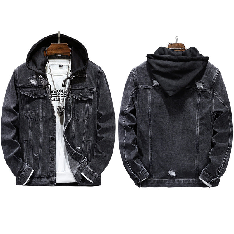 Men's Casual Jacket Hole Detachable Hooded Denim Jacket