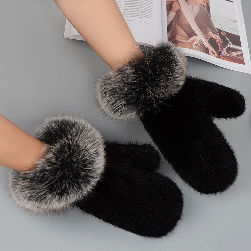 Colorful Mink Fur Gloves Hand-woven Mittens Thickened Warm Winter Fox Fur Gloves