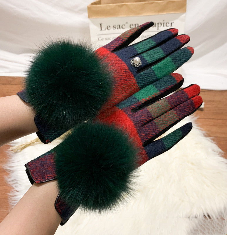 Oversized Fox Fur Ball Day Single Symmetrical Plaid Wool And Cashmere Finger Gloves