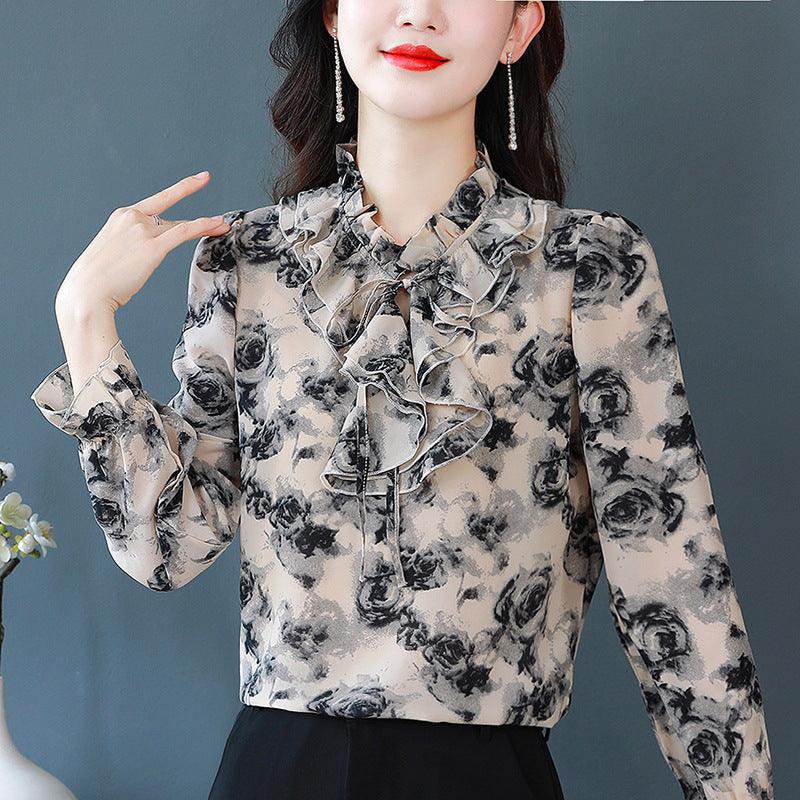 Foreign Style Agaric Ruffle Lace Up Floral Long Sleeved Chiffon Shirt For Women - Trendha