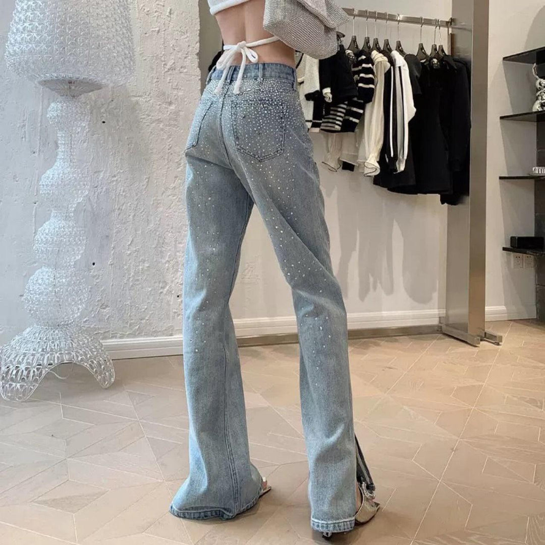 High Waist Rhinestone Split Slightly Flared Jeans Female - Trendha