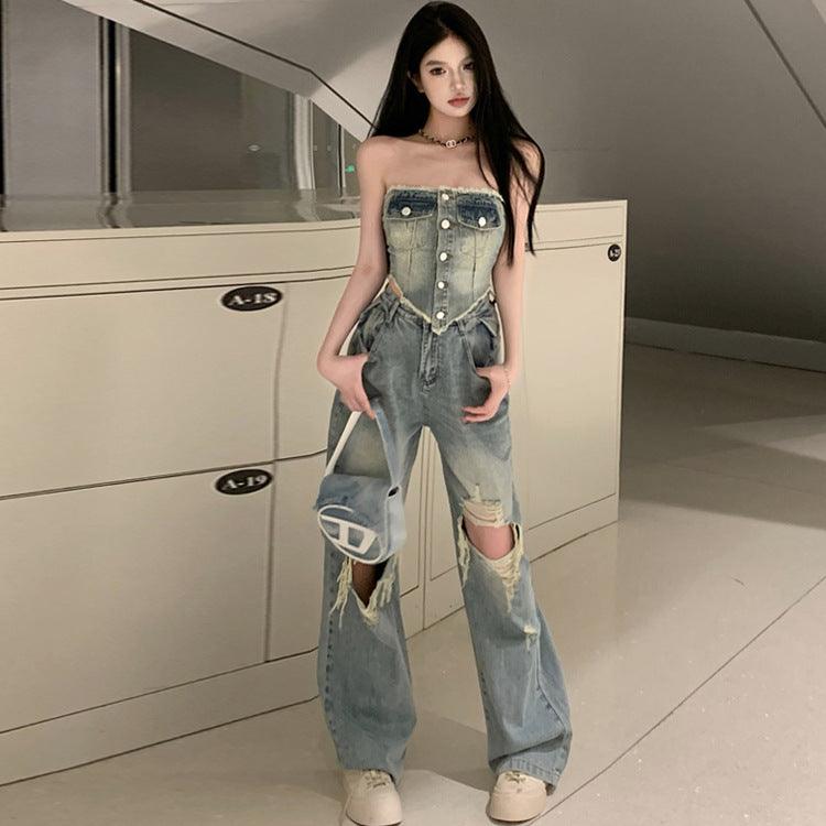 Hot Girl Slim Tube Top Ripped Jeans - Trendha