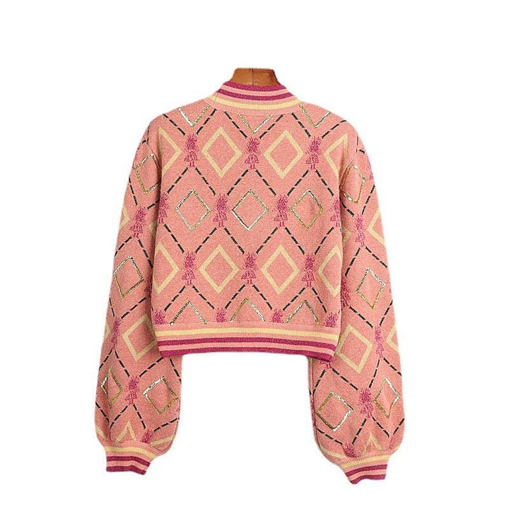 Lantern Sleeve V-neck Cardigan Vintage Diamond Plaid Sequined Short Loose Sweater Coat - Trendha