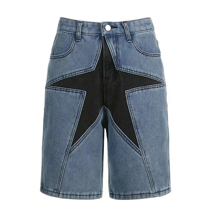 Loose Contrast Color Five-pointed Star Patch Denim Shorts - Trendha