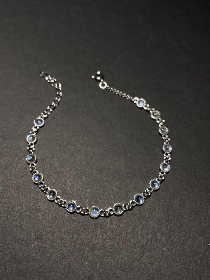Natural Blue Moonlight Stone Silver 925 Inlaid Edge Bracelet - Trendha