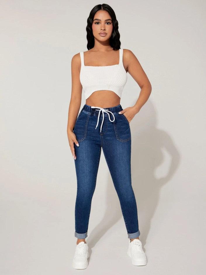 New Drawstring Elastic Waist High Skinny Jeans - Trendha