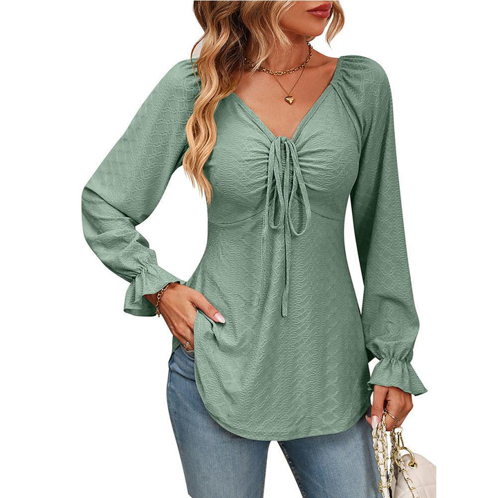 New European And American V-neck Drawstring Waist Sexy Long Sleeve Solid Color T-shirt - Trendha