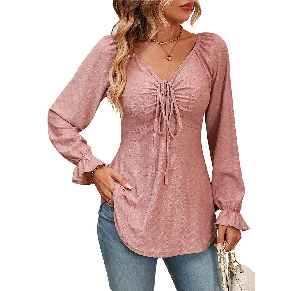 New European And American V-neck Drawstring Waist Sexy Long Sleeve Solid Color T-shirt - Trendha