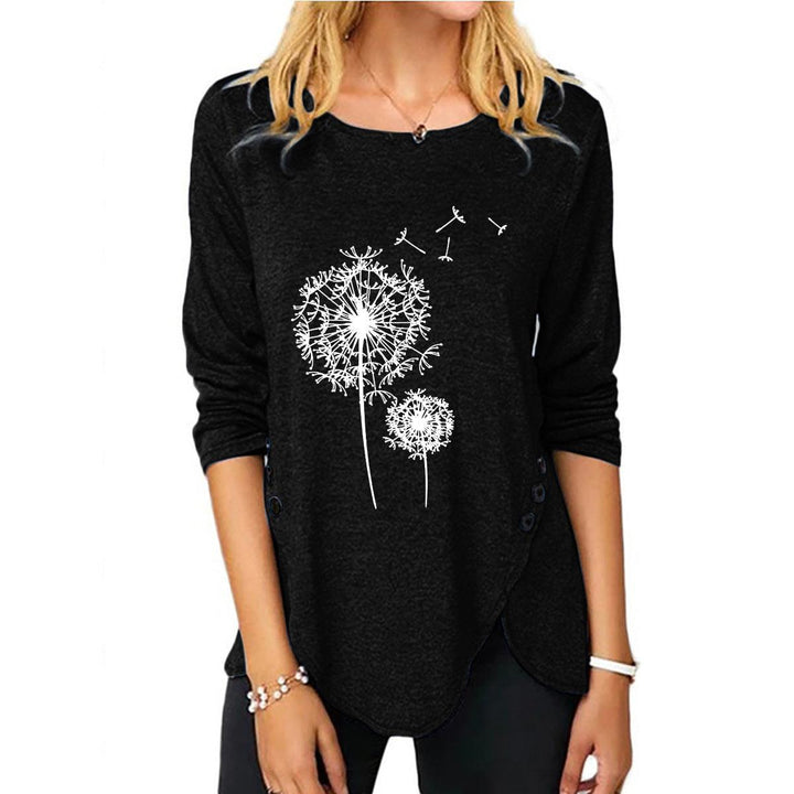 New Irregular Button Long Sleeve Round Neck Women's Printed Wear T-shirt - Trendha