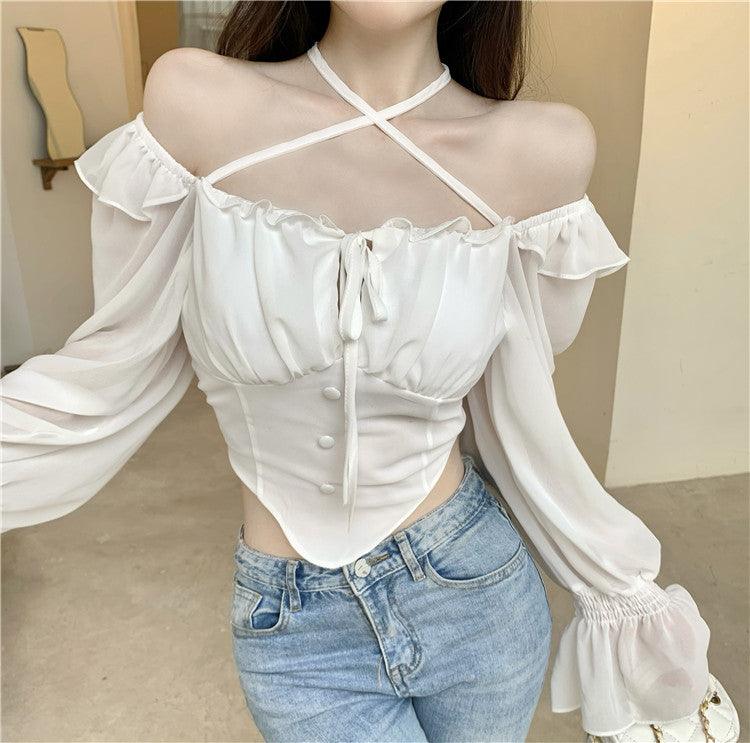 One Line Neck Long Sleeved Ruffled Chiffon Shirt - Trendha