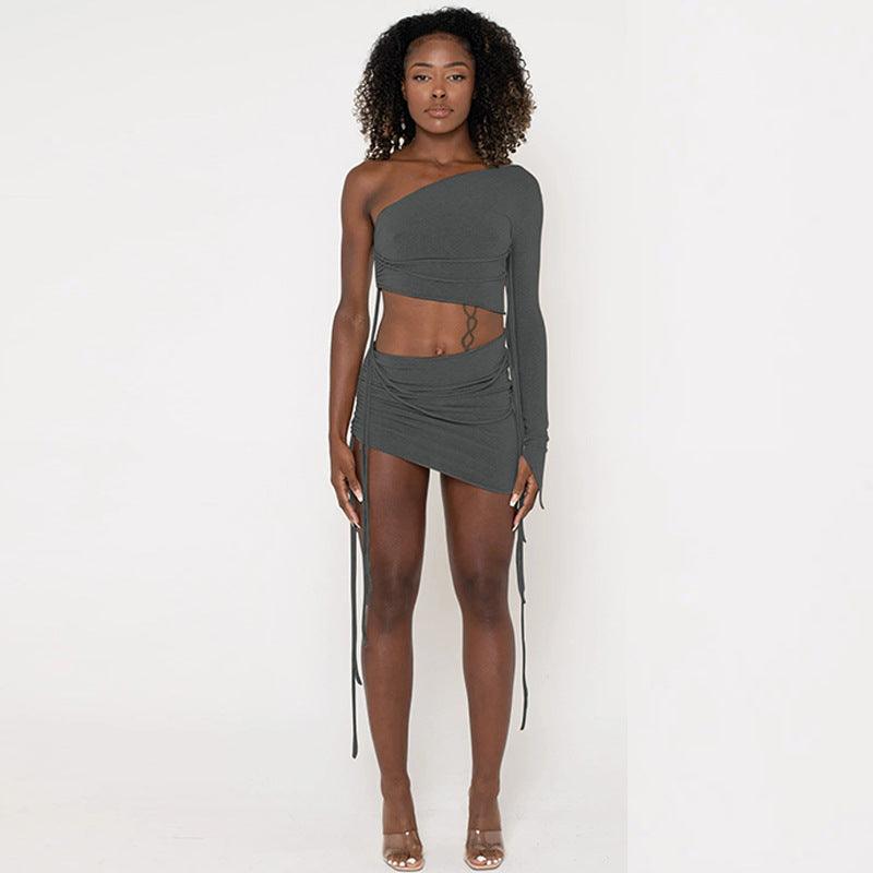 One Shoulder Midriff-baring Top Side Drawstring Skirt Suit - Trendha